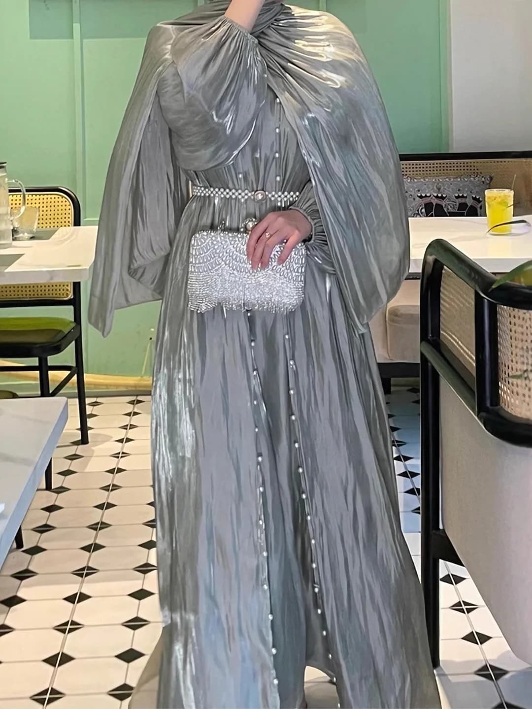 Women's abaya and Muslim dress set, long skirt dress, long sleeve, shiny fabric