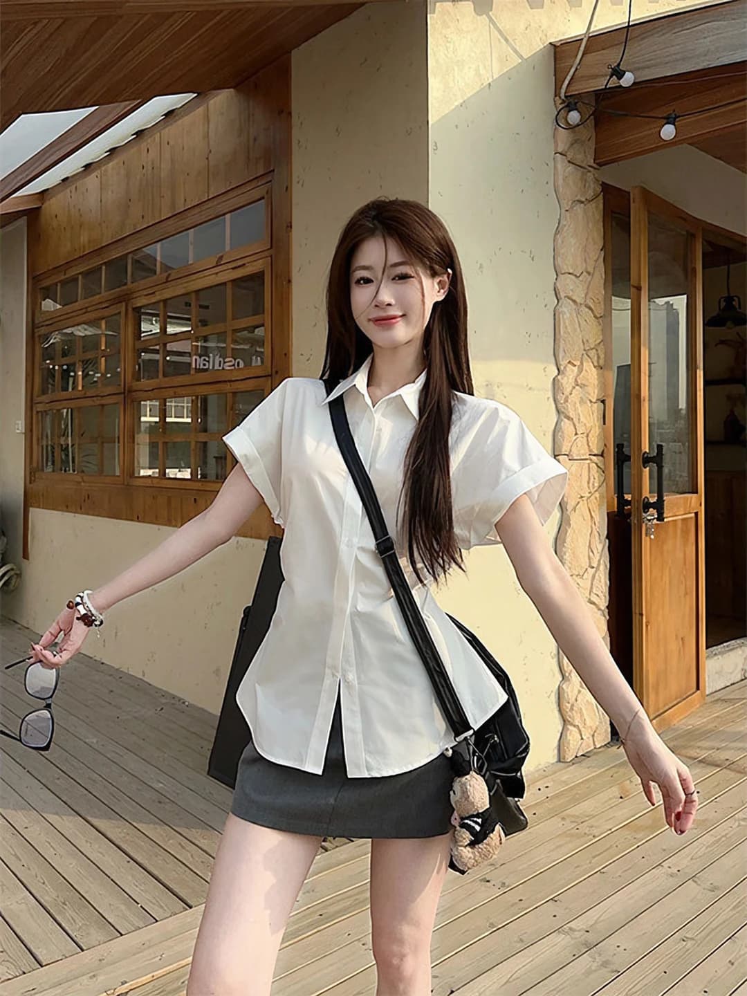 Women's white short-sleeve POLO-collar shirt, 2026 summer, slim fit, slimming, solid colour, casual cardigan