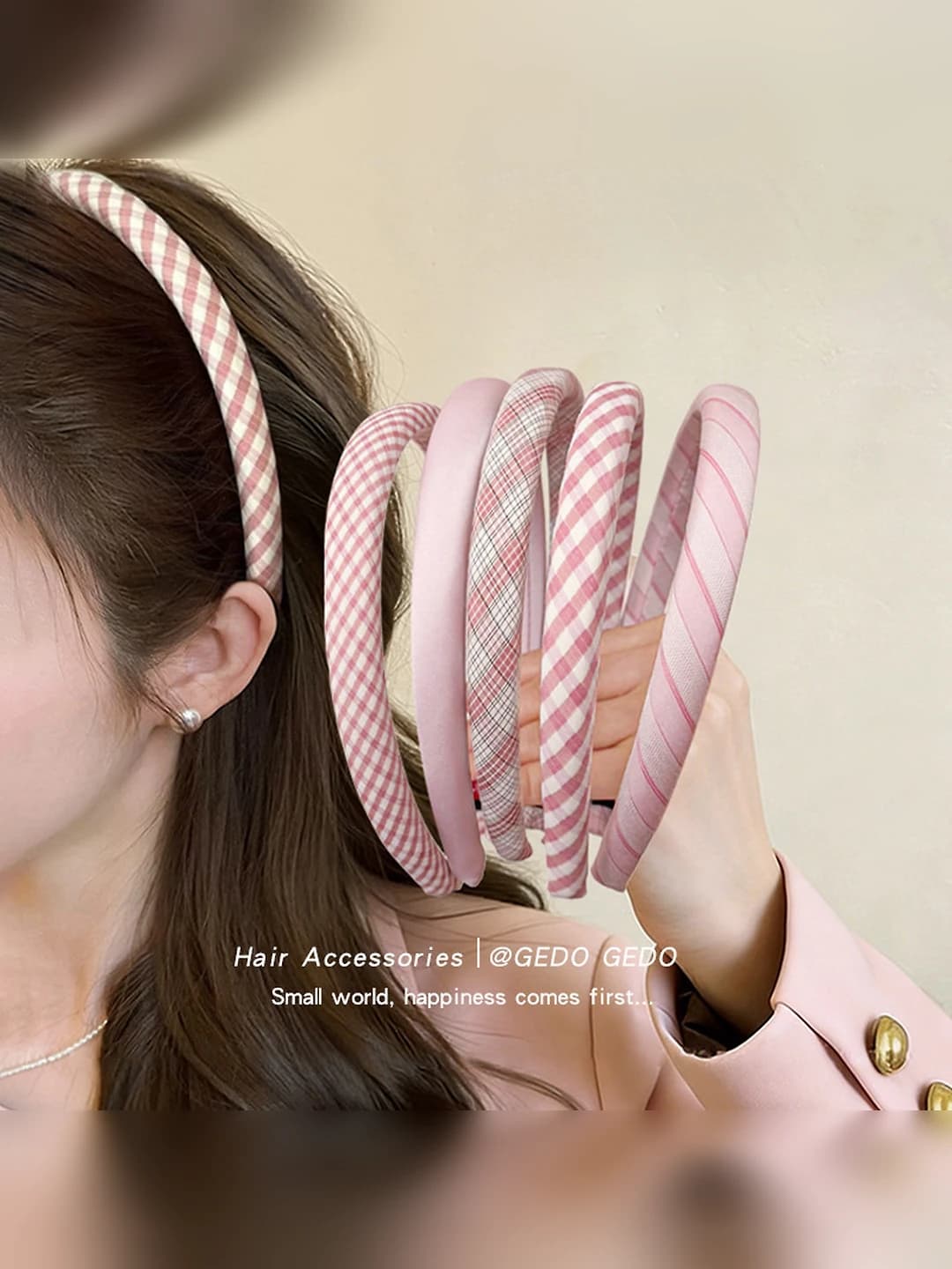 Women's Korean style pink plaid sponge headband, high crown hair accessory