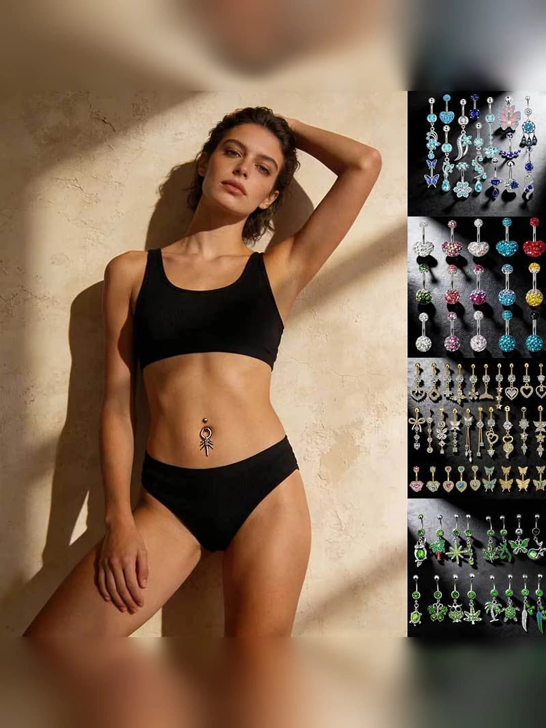 Women's navel piercing ring with zircon, butterfly, flowers, heart and tassels