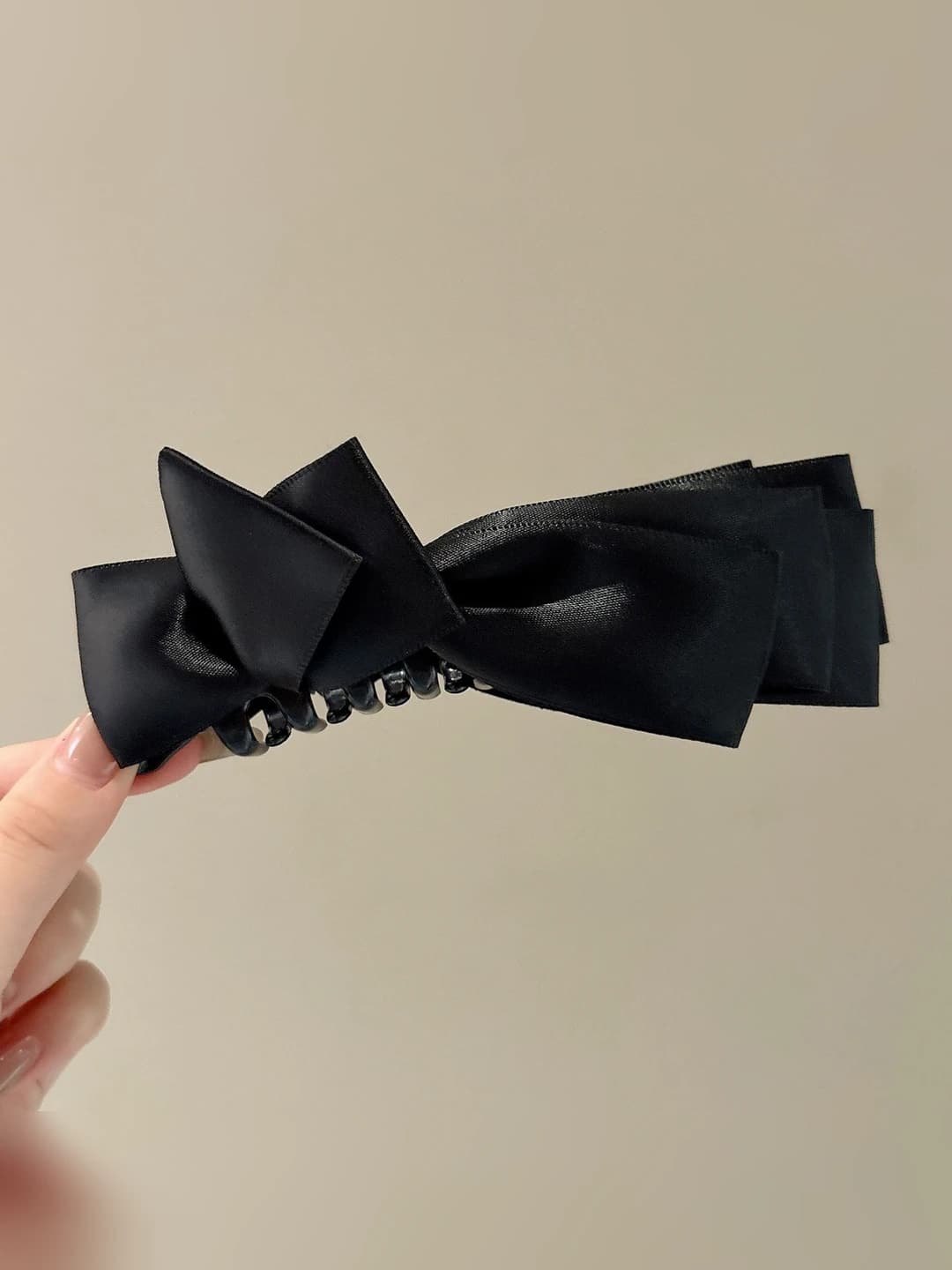 1# Black satin banana clip - base ~13 cm, bow ~15.5 cm