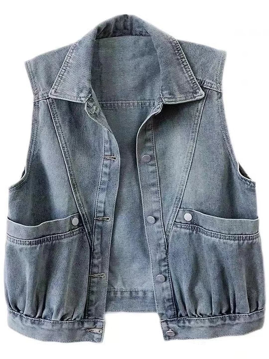 Women's 2026 retro blue denim vest, POLO collar, loose fit, sleeveless, spring-autumn