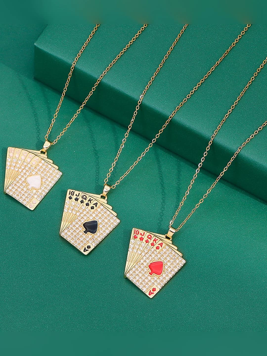 Women's poker card pendant necklace, solid color, fully rhinestone set, Korean style