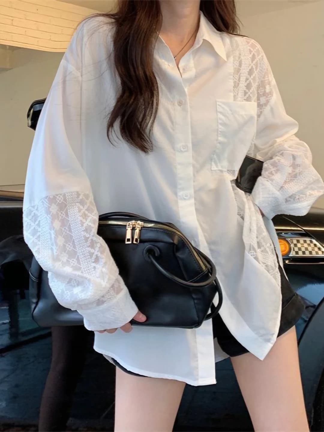 Women's lace-spliced long-sleeve shirt, Korean style, summer 2026, mid-length, loose fit, sun-protective cardigan