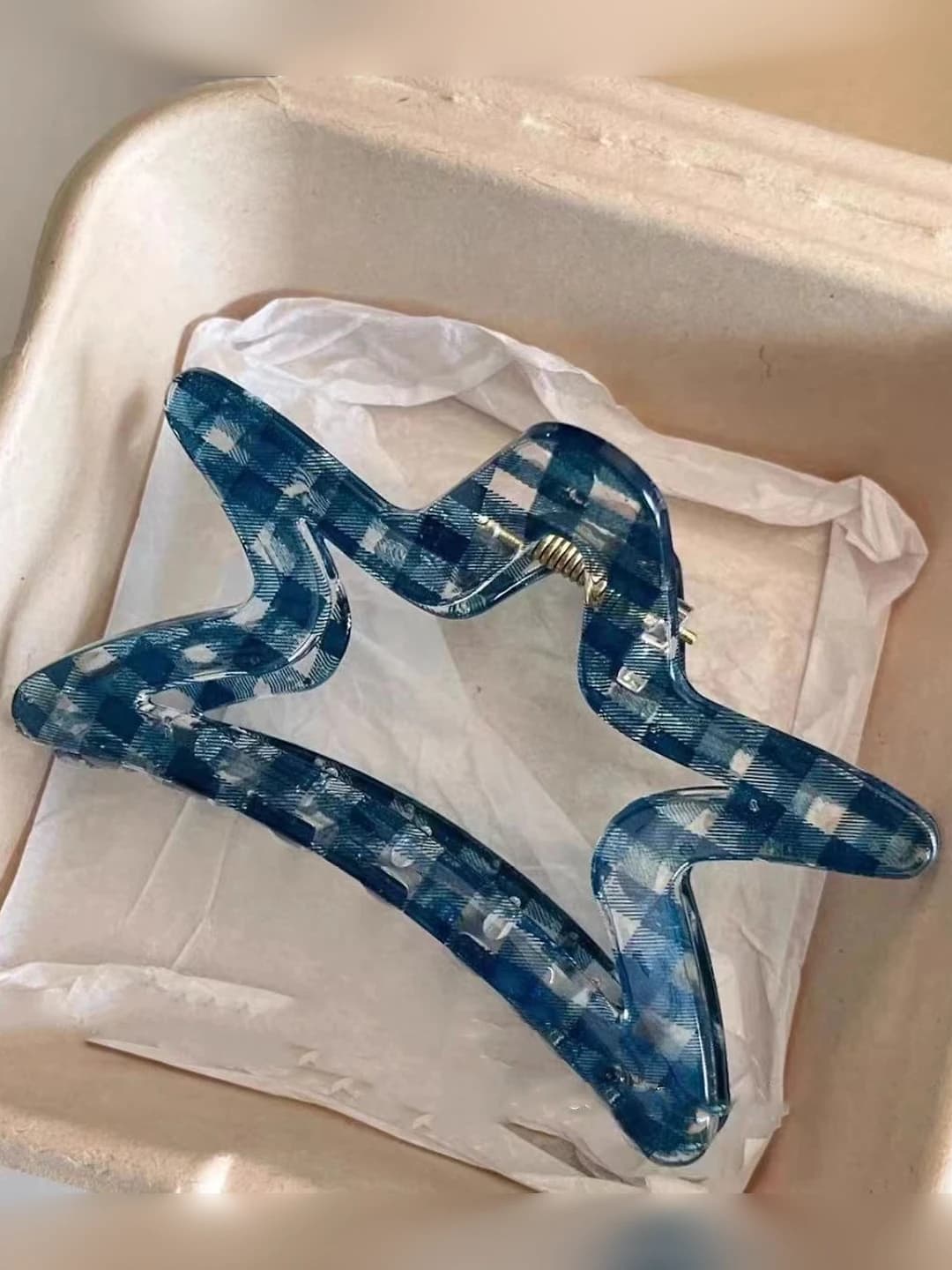 5# Blue plaid starfish clip ~11 cm