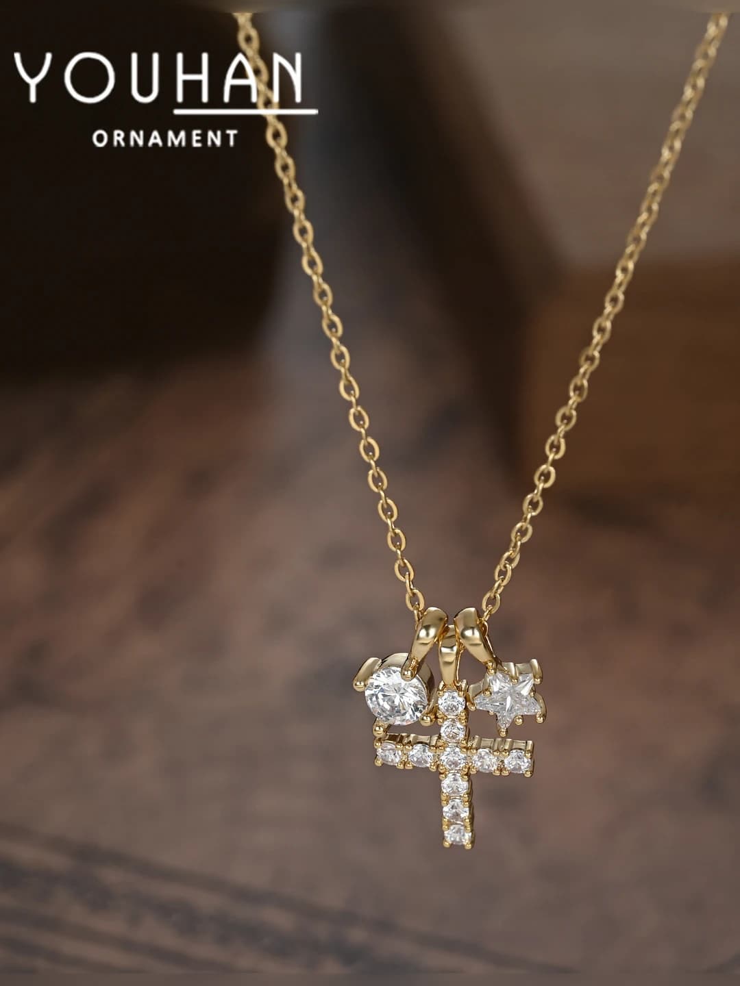 Women's gold-plated micro-set zirconia necklace with star and cross design, wave chain, elegant collarbone chain