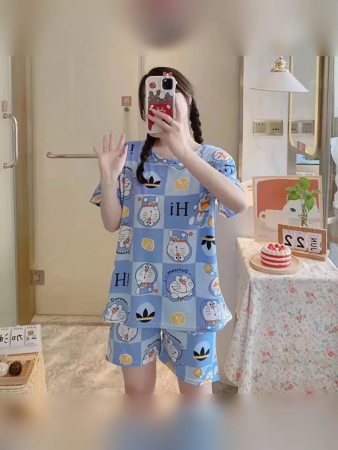 Women's summer short sleeve pajama set, thin, crew neck, shorts, Korean style