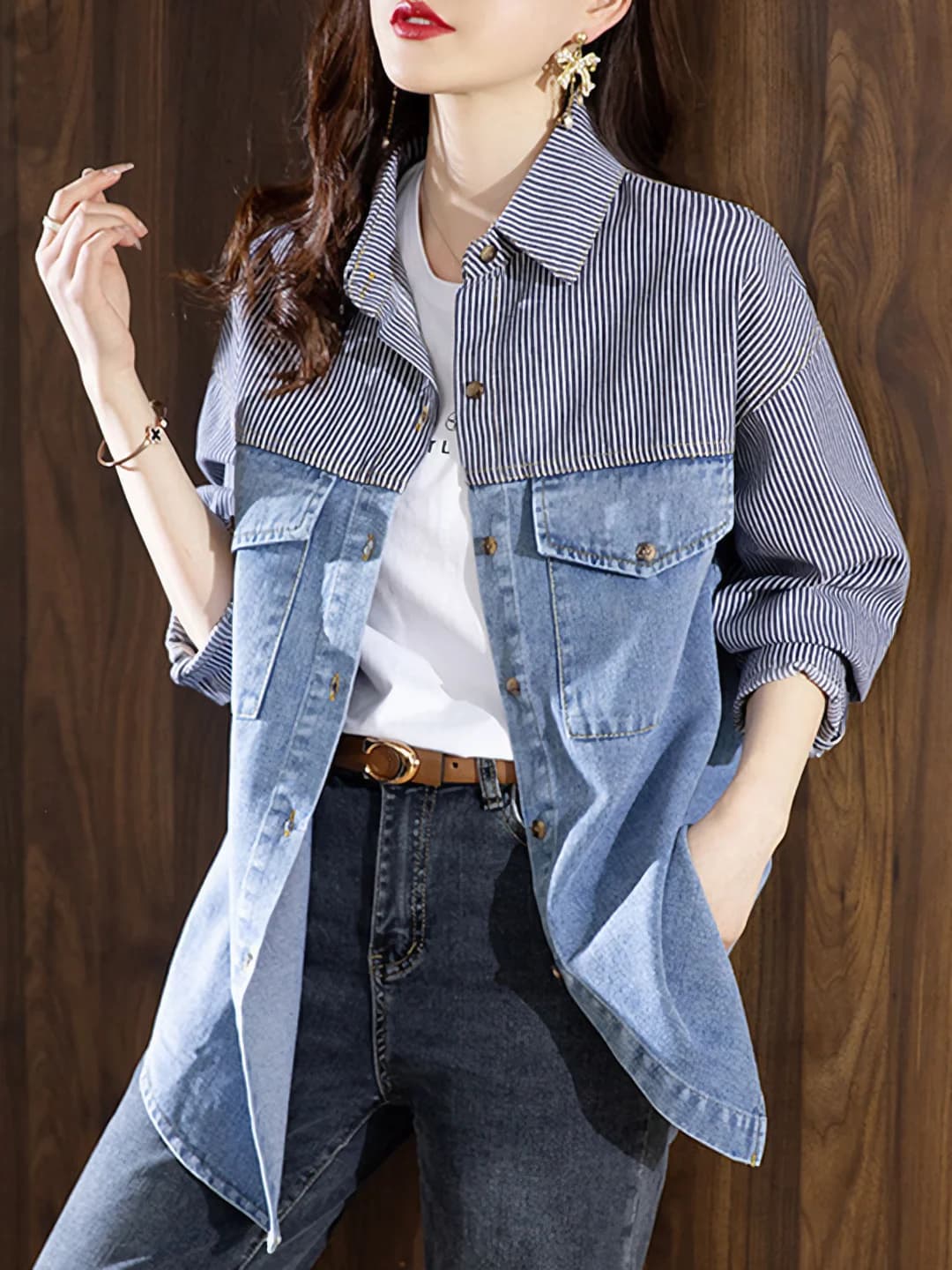 Women's denim jacket, spring-autumn, 2026, petite, slim fit, mid-length, solid colour, long sleeve, POLO collar