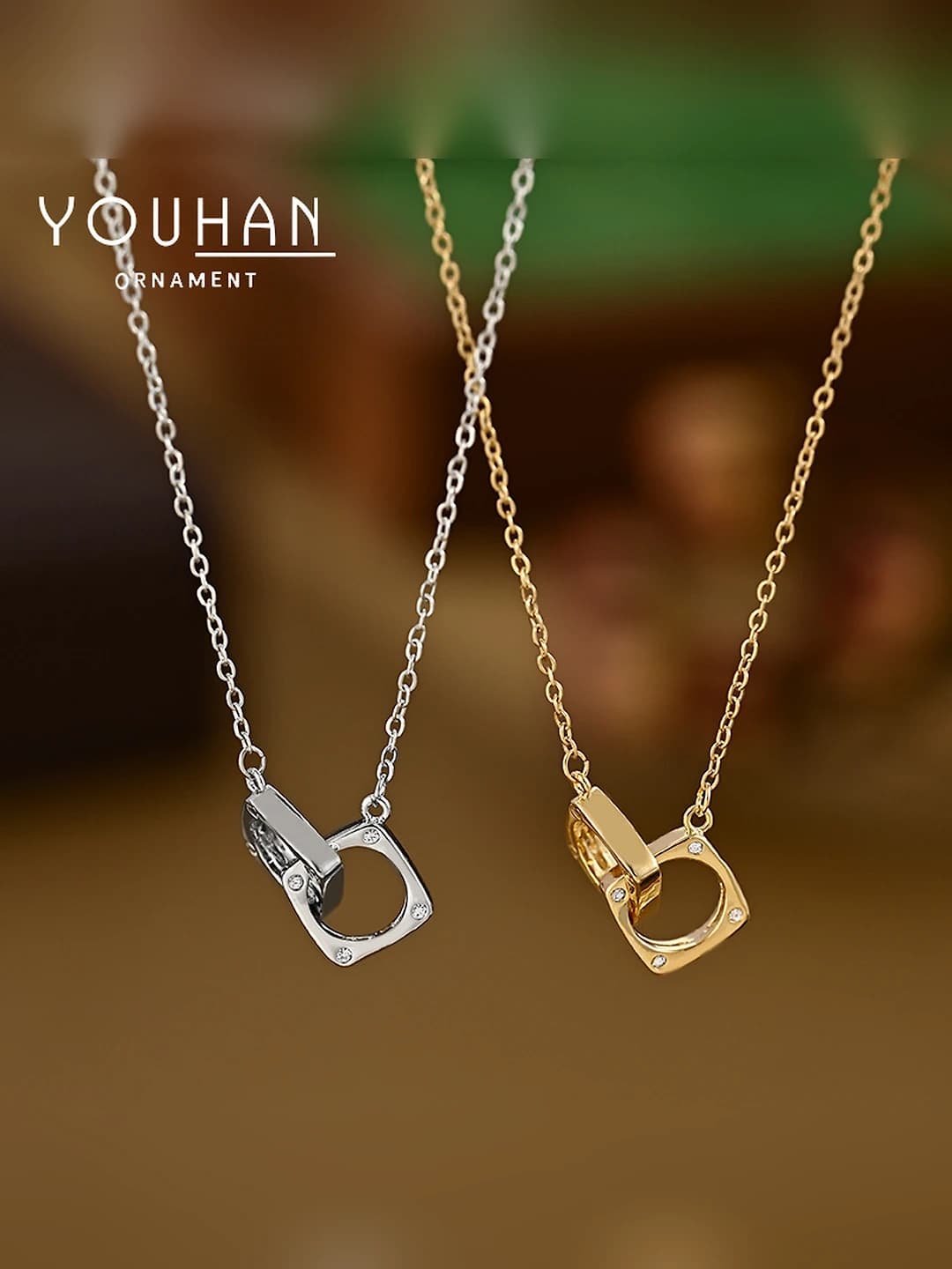 Women's gold-plated copper necklace with micro-set zircon, geometric shape, wave chain, ins style, irregular design element, interlocking rings