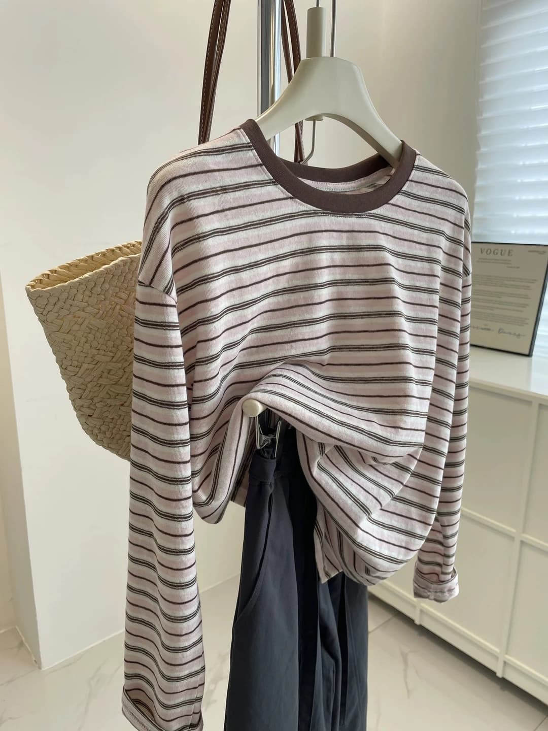Women's long-sleeve striped crew-neck long-sleeve base top, loose fit, breathable, casual style
