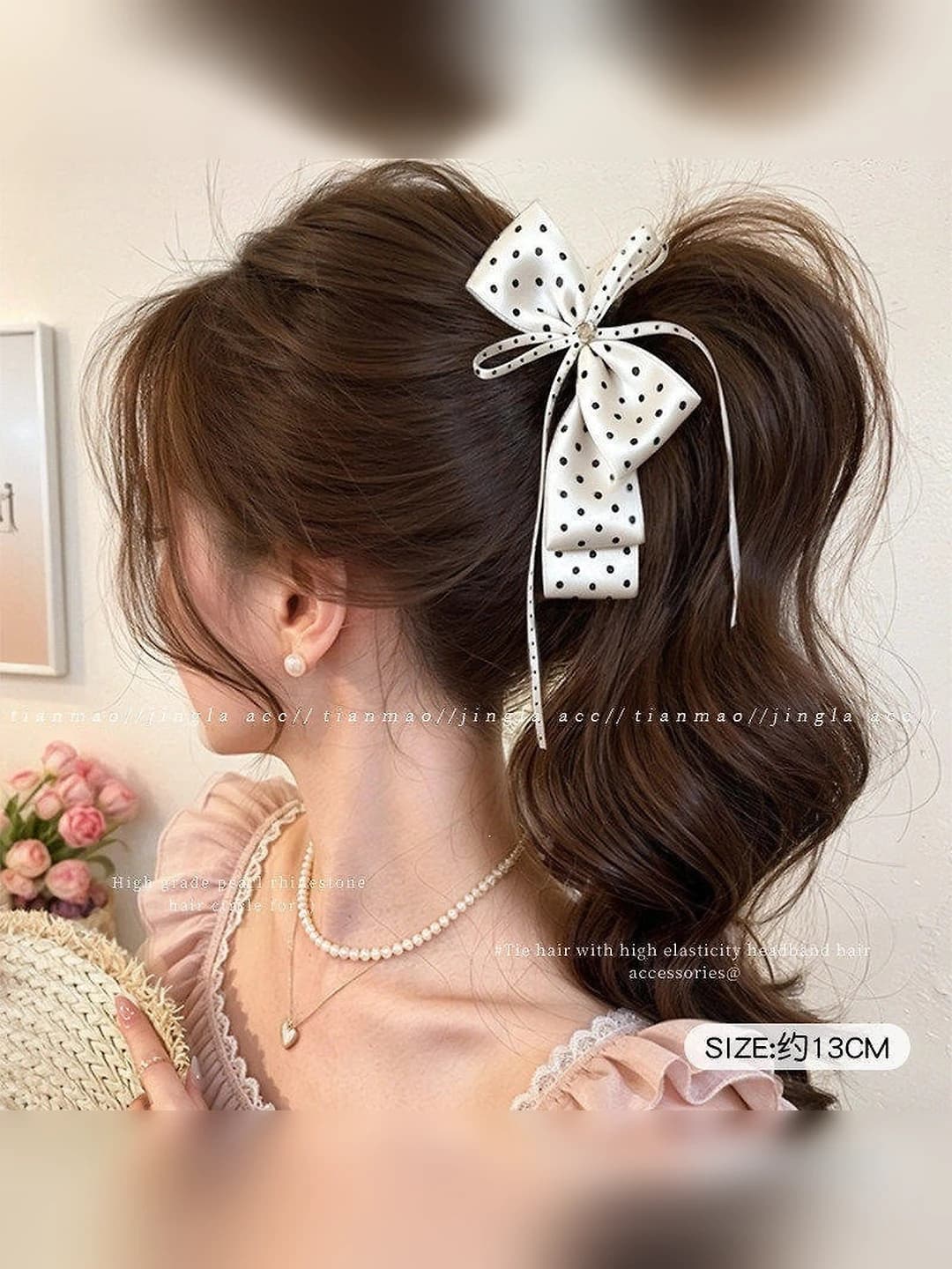 Beige polka dot banana clip ~13 cm, bow ~16 cm