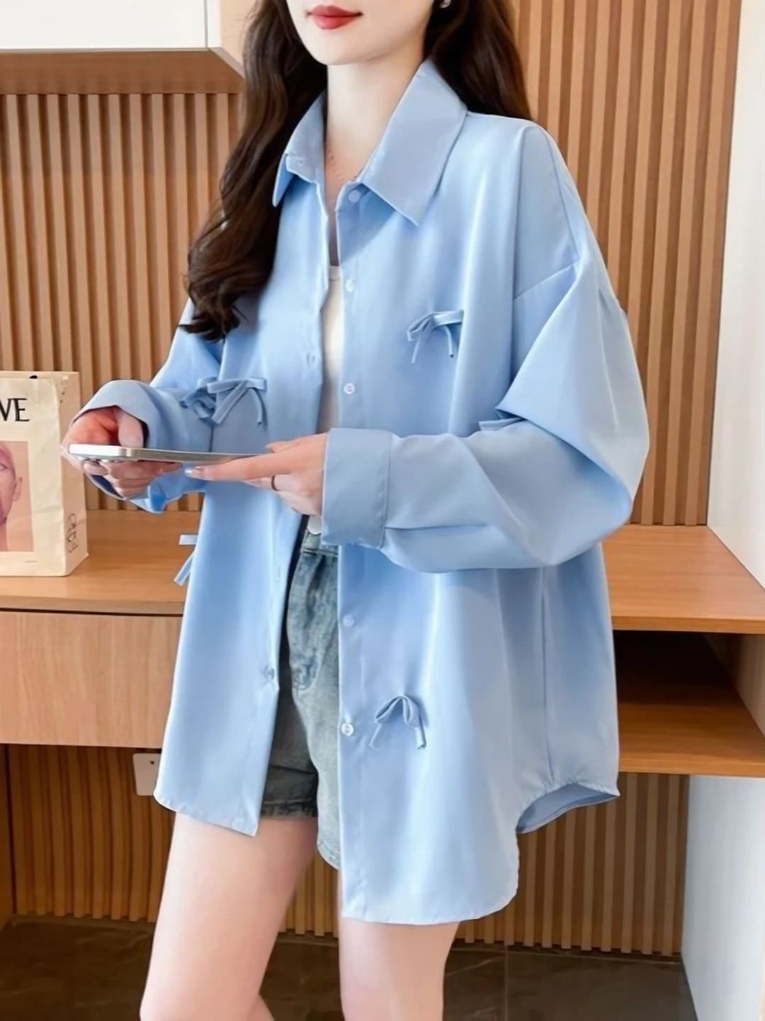 Women's 2026 summer thin mid-length loose fit blouse, POLO collar, long sleeve, 3D bow pattern, sun-protective outerwear