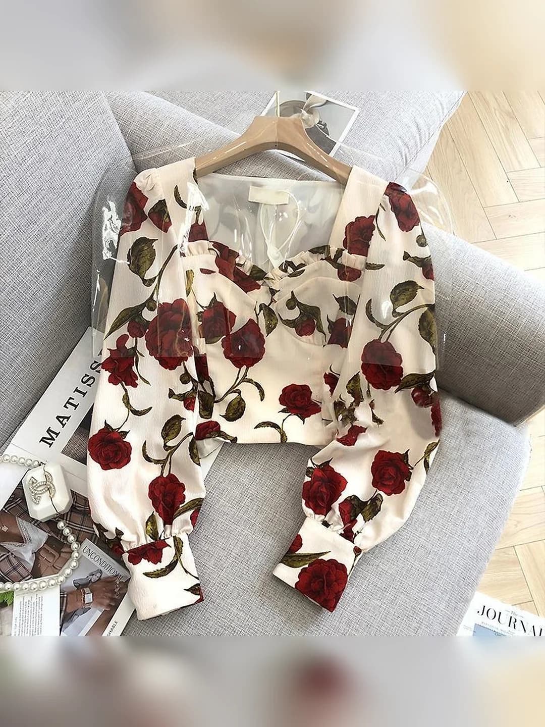 Ayollar uchun fransuz retro uslubidagi bosma naqshli uzun yengli kalta ko'ylak-shirt, V-yoqa, 2026 bahor-kuz