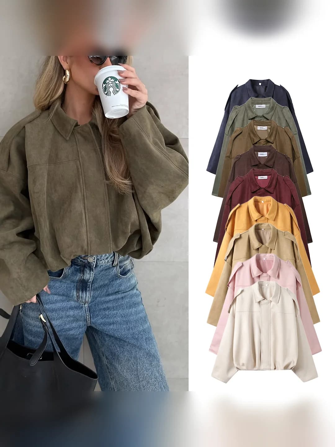 Women's demiseason jackets: loose fit, lapel collar, zip, long sleeve, solid colour, street style, suede bomber jacket
