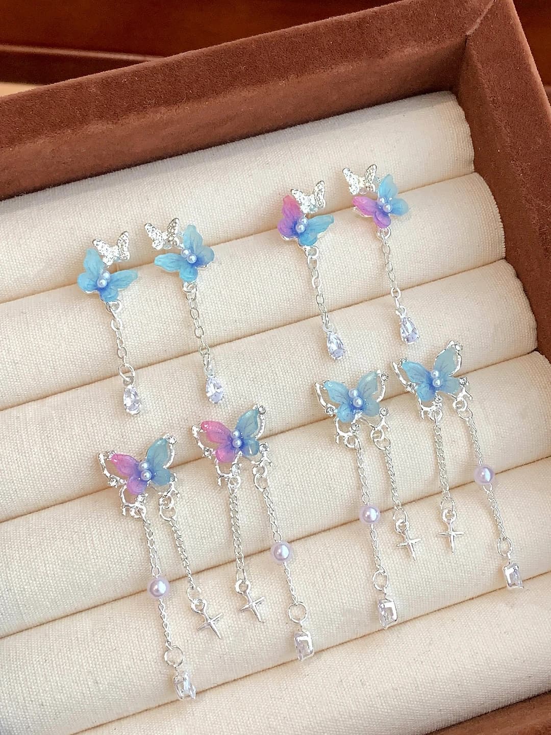 Women's Korean style butterfly earrings with pearls and tassels, 925 silver posts, sweet and elegant design