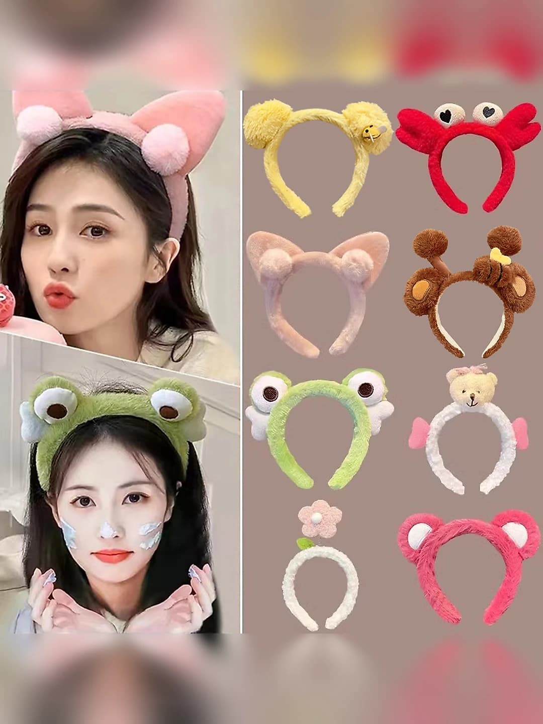 Women's plush cartoon headband for autumn-winter face washing and mask application, mixed material, handmade, bear design element, simple style