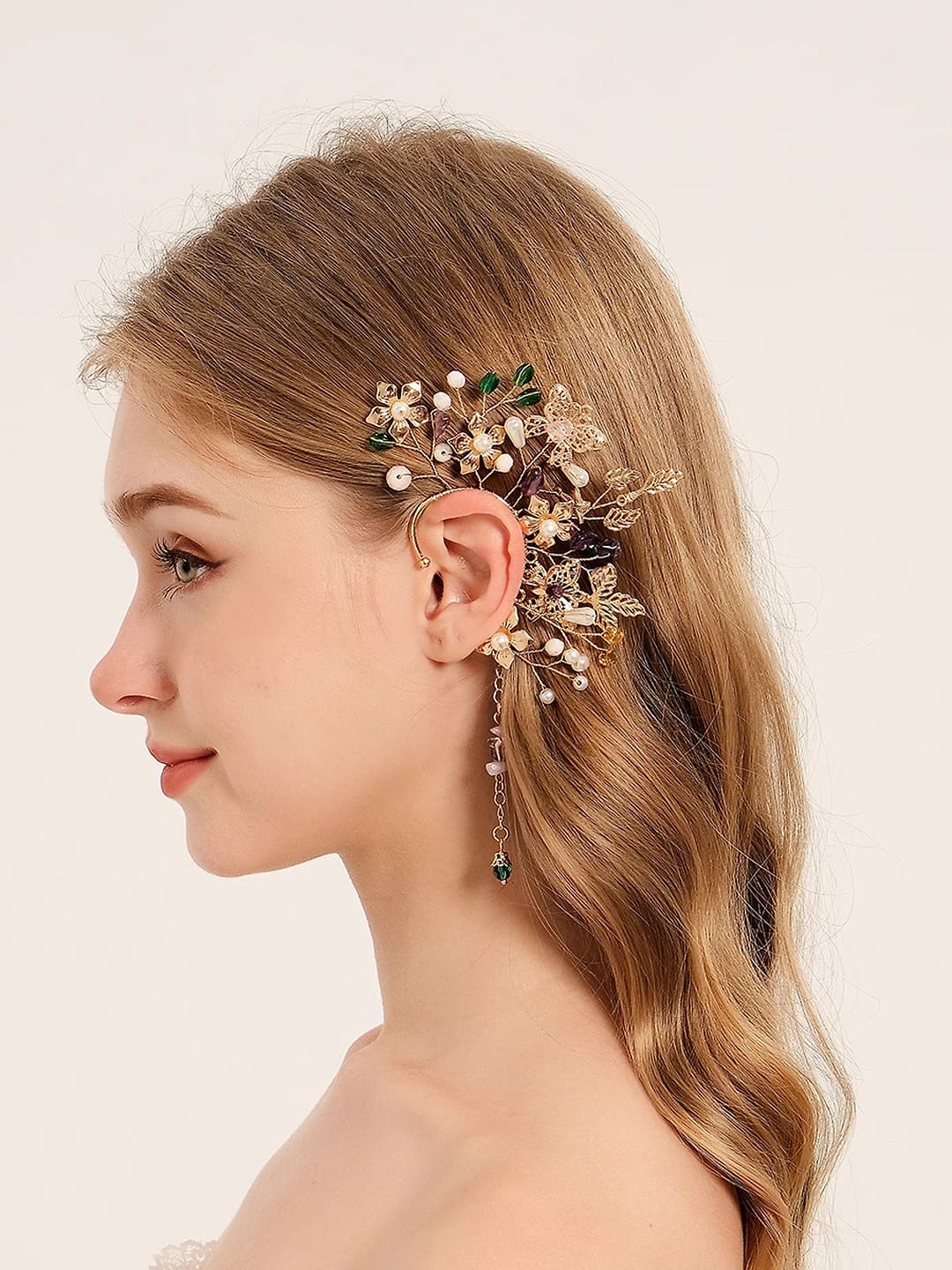 Women's retro crystal and flower ear cuffs (no piercing)