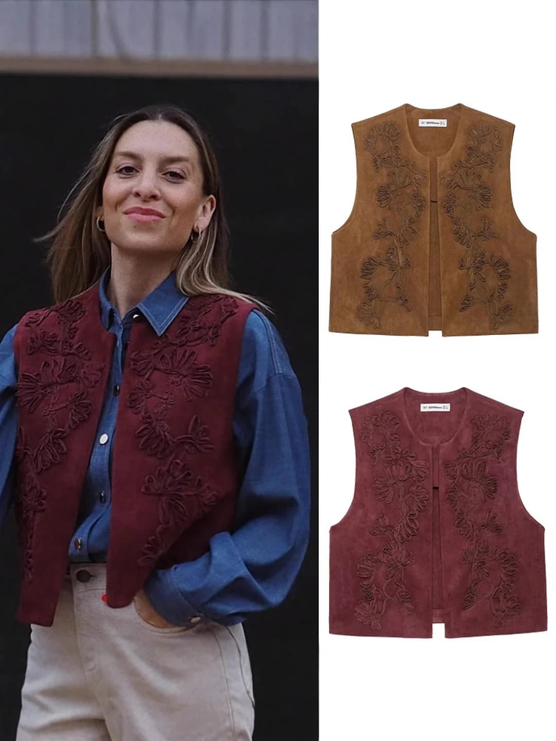 Women's casual loose fit crew neck embroidered vest, 3D pattern, polyester fabric, early spring