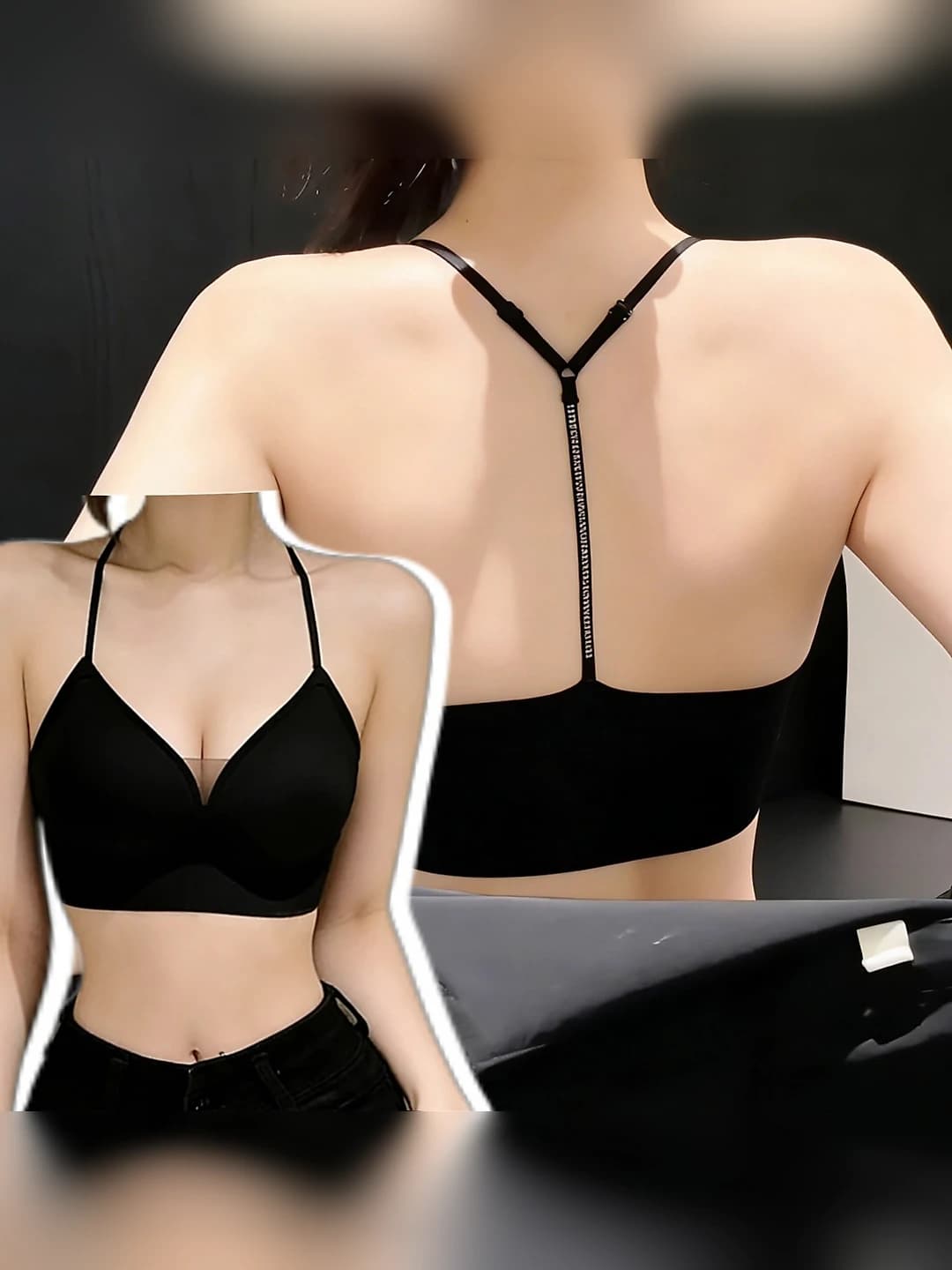 Women's French style Y-back halter bra with rhinestones, thin straps, summer, thin, seamless, push-up