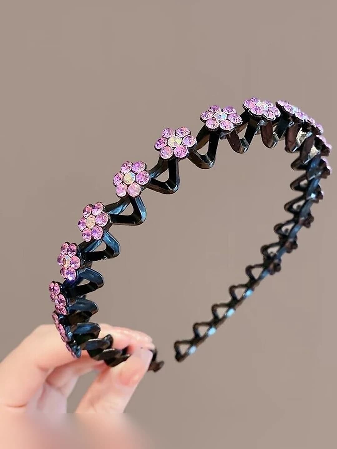 2# Pink wavy headband-Acrylic+Waterproof rhinestones