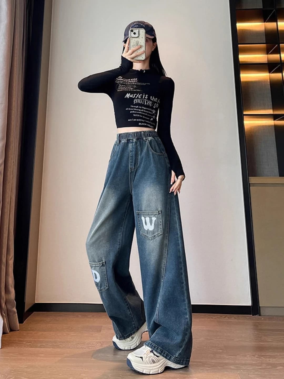 Ayollar uchun 2026 yilgi baland belli keng jinsi shim, bo'sh (oversize) fit, kashtali, nozik ko'rsatadigan, uzun shim