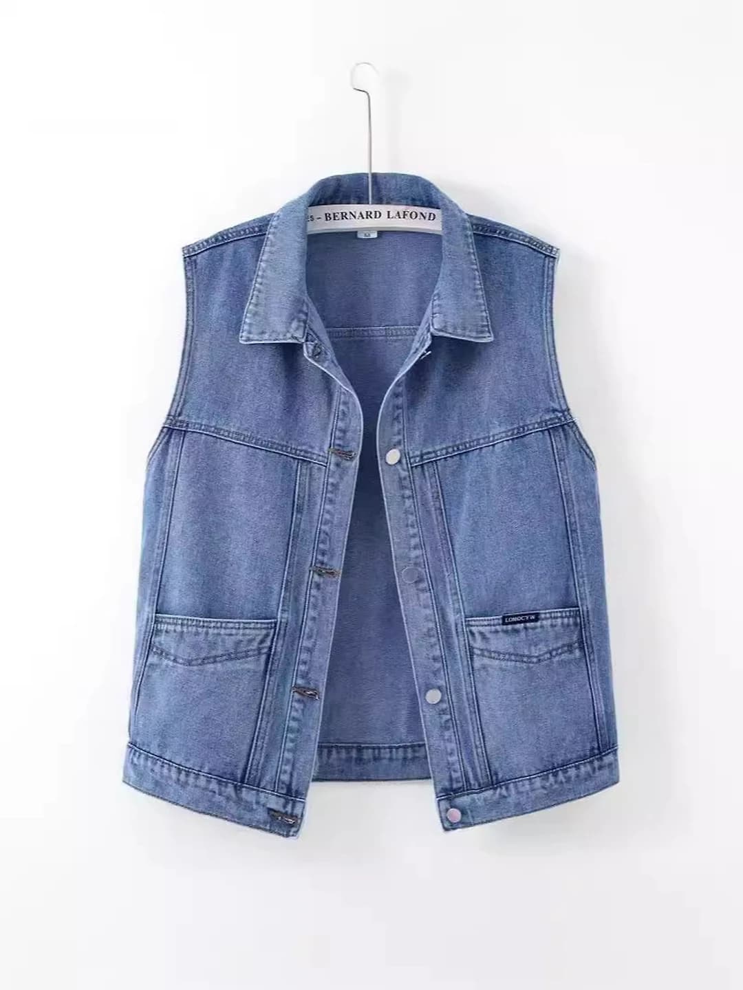 Ayollar uchun retro kundalik denim jilet, bo'sh (oversize) kesim, katta o'lcham, bahor-kuz, POLO yoqa, old qismi yopilishi: old qismi yopilishi