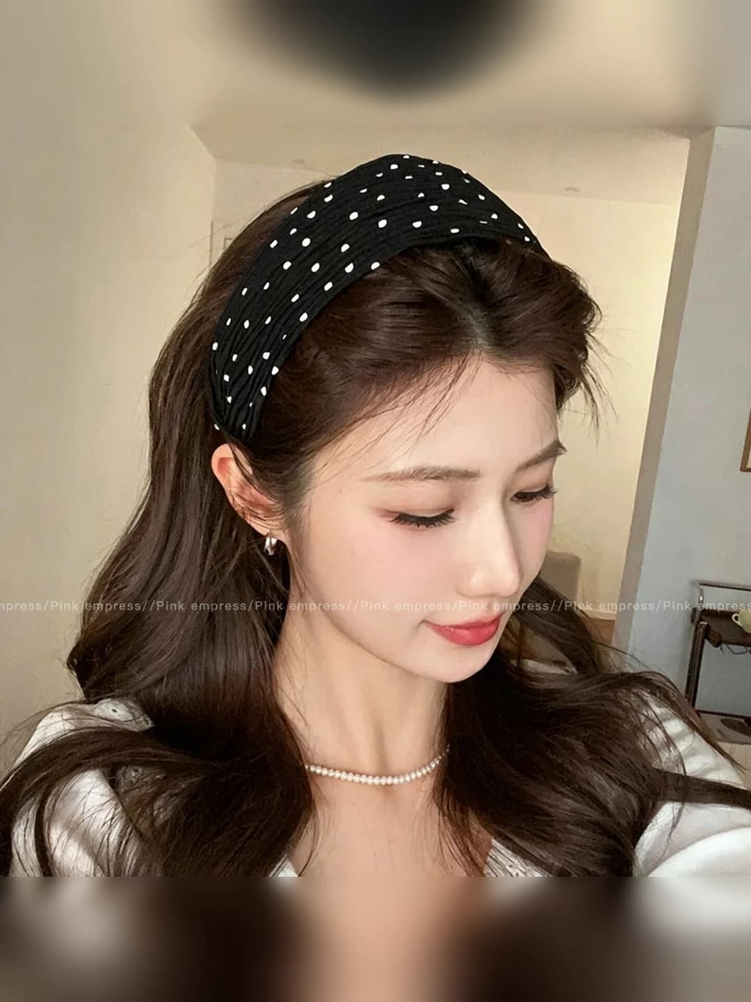 Black polka dot headband - 4 cm, fabric + acrylic