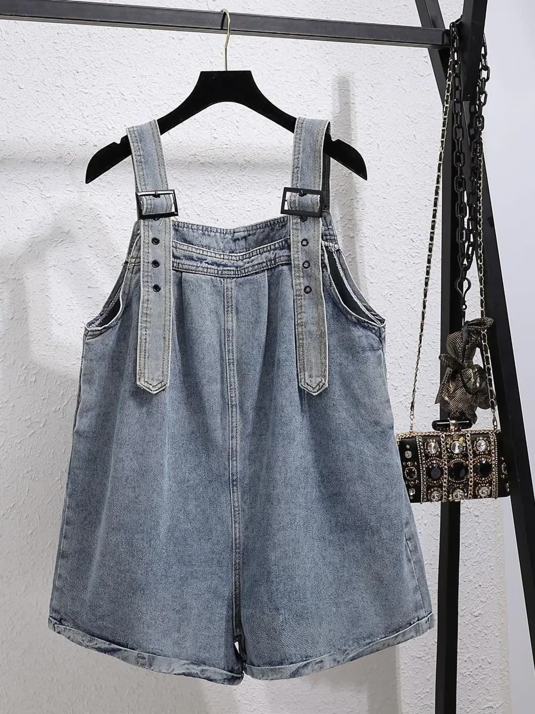 Women's denim overall shorts, spring-summer, Korean style, wide-leg trousers, thin, loose fit, slimming, high waist, 2026