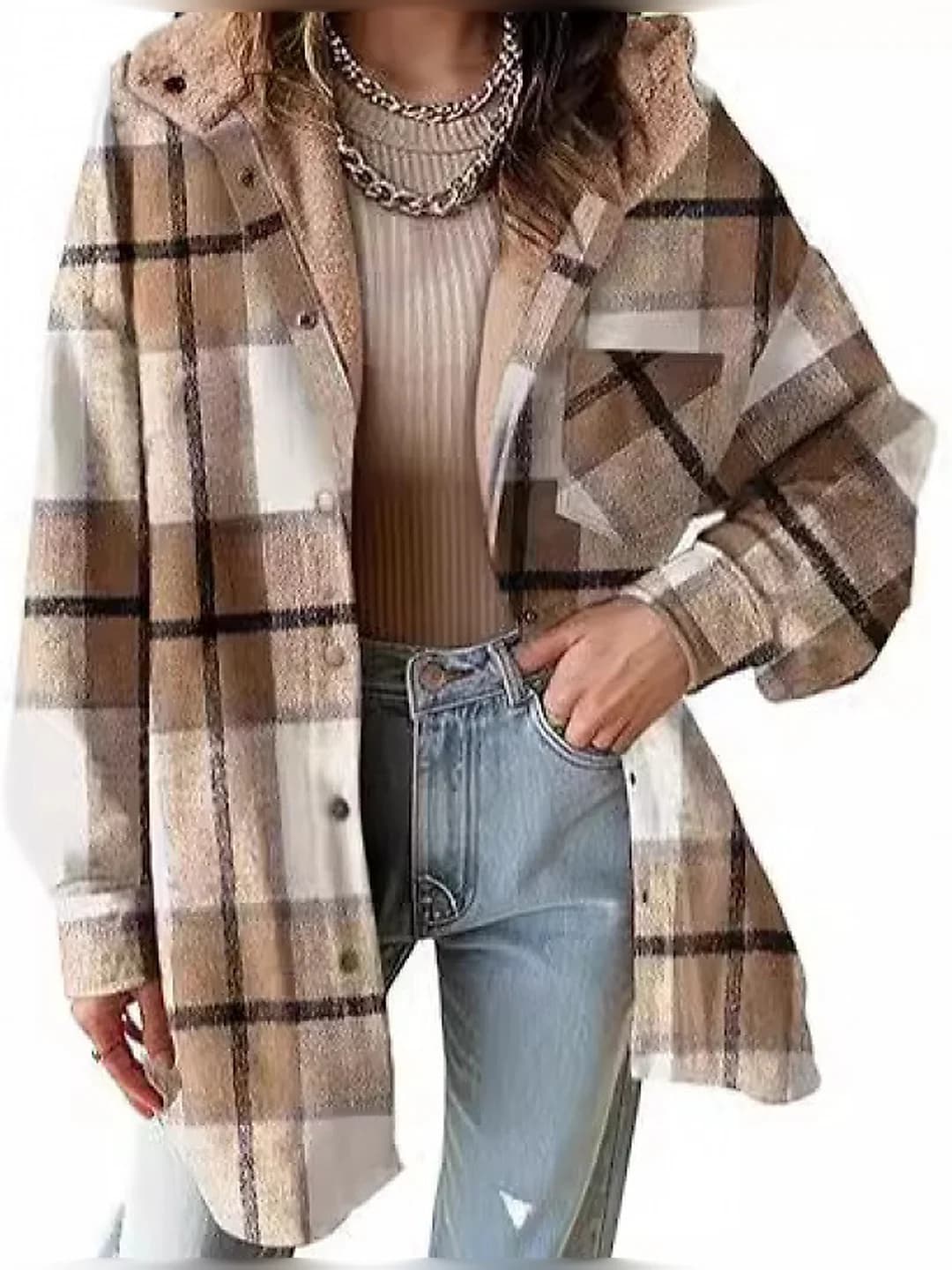 Women's checked flannel jacket, autumn 2026, long sleeve, lapel collar, mid-length, polyester fabric