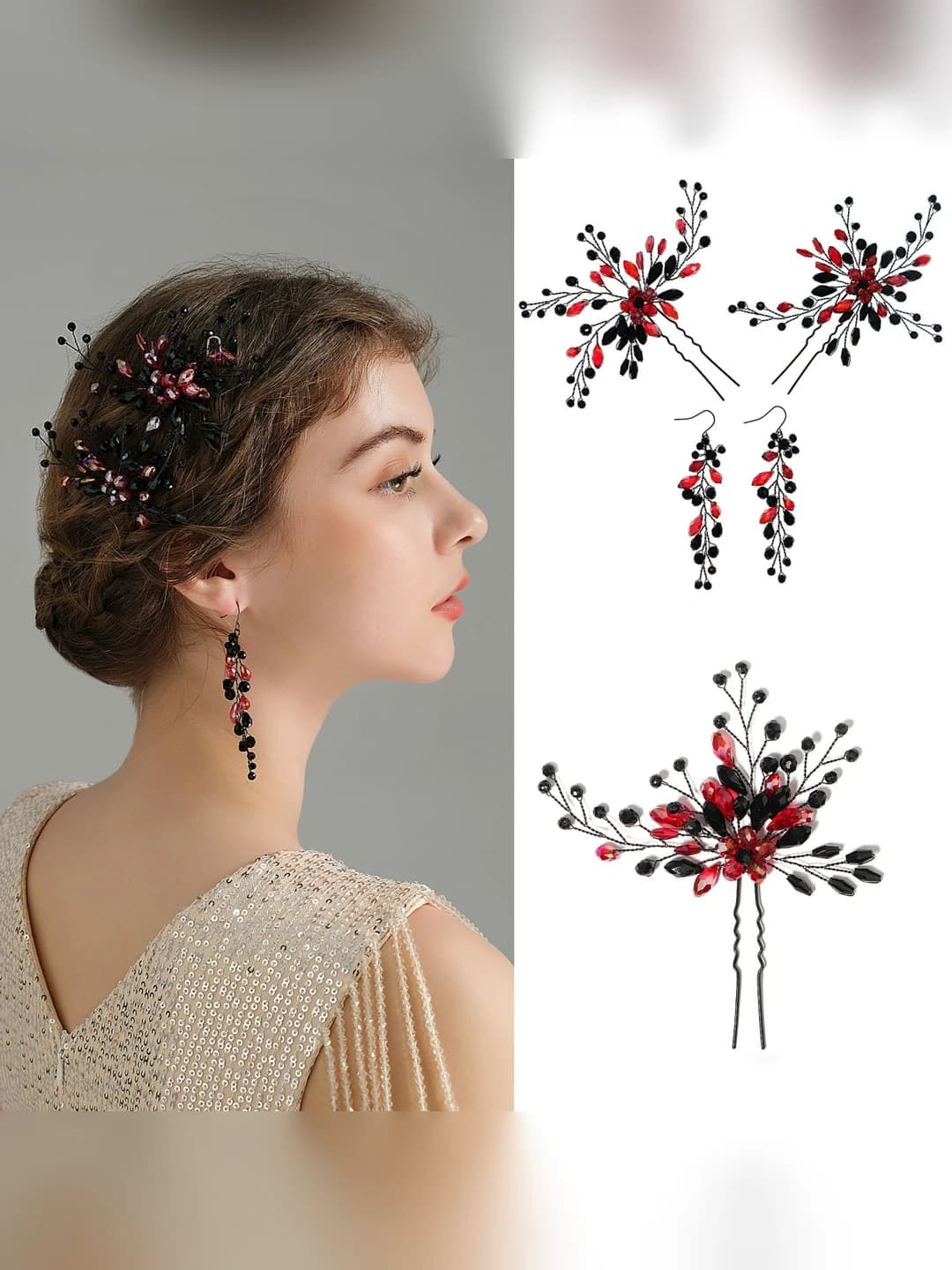 Women's retro gothic hair pin and earring set for Halloween, black and red U-shaped artificial crystal hair pins