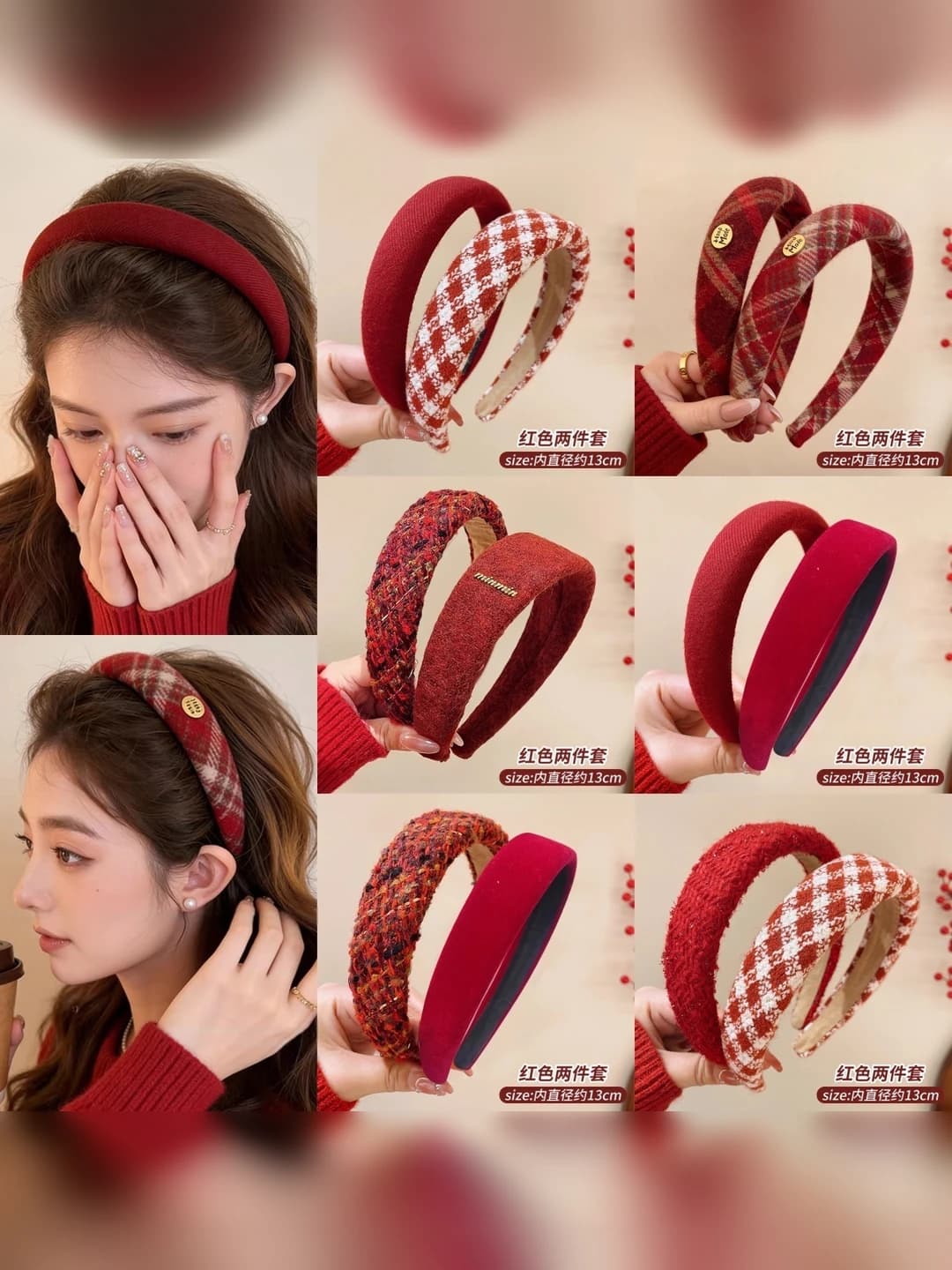Women's red wide-edge headband for New Year, retro style, design element, handmade, mixed material