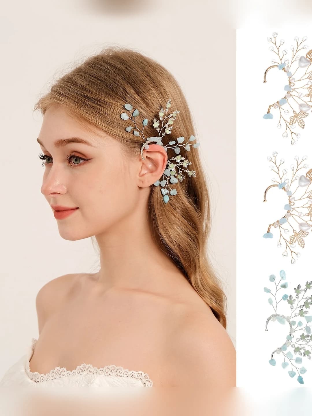 Women's crystal flower and leaf ear clips, ear cuff earrings, handmade, white crystal and 5-6mm pearl