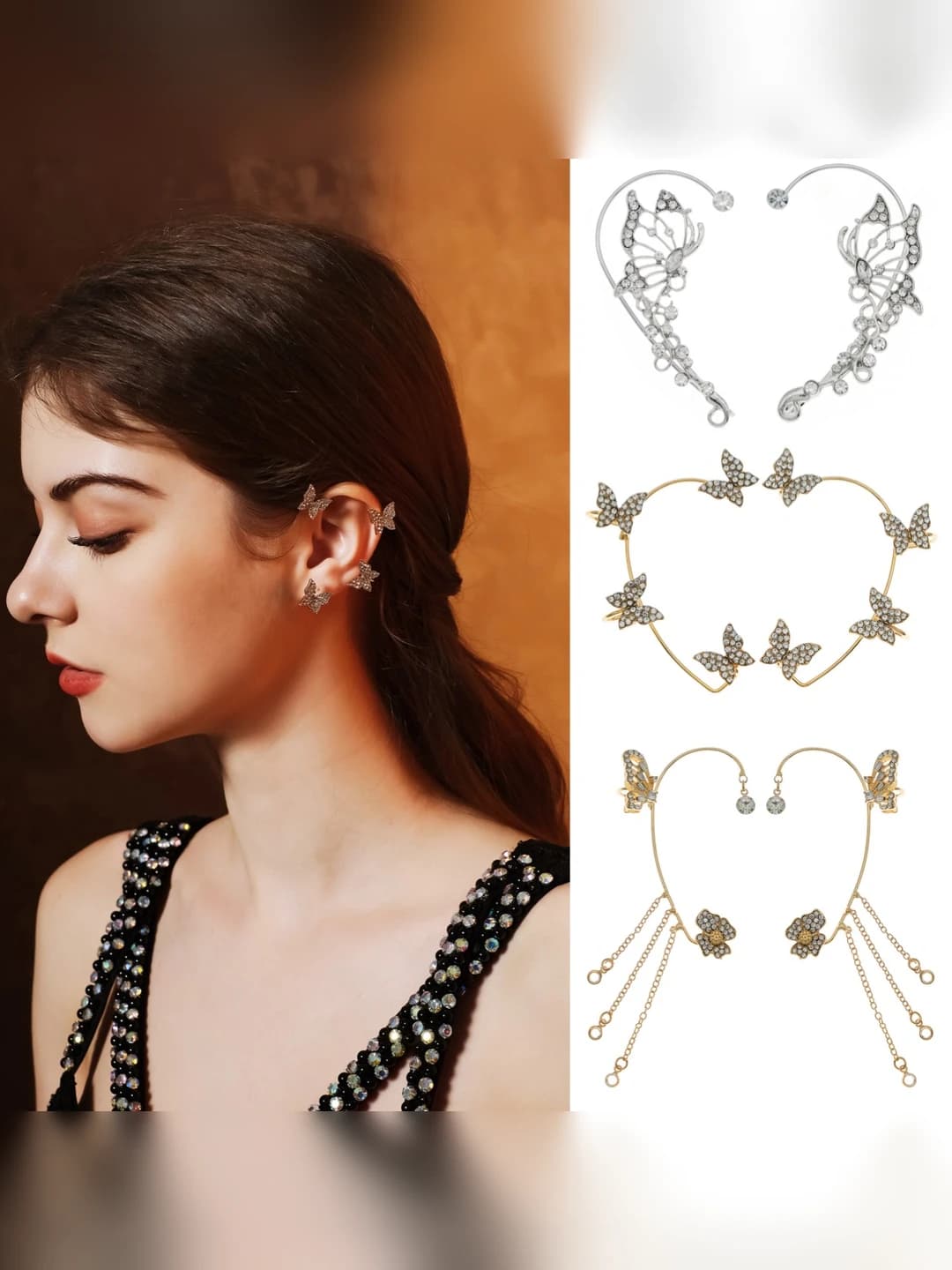Women's butterfly ear clips without piercing, with rhinestones and white quartz, electroplated, tassel design, for parties and evenings