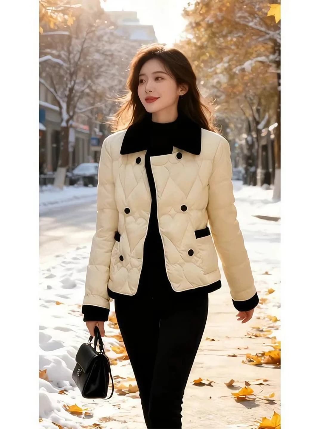Женская зимняя утеплённая куртка, отложной воротник, длинный рукав, короткий, 2026