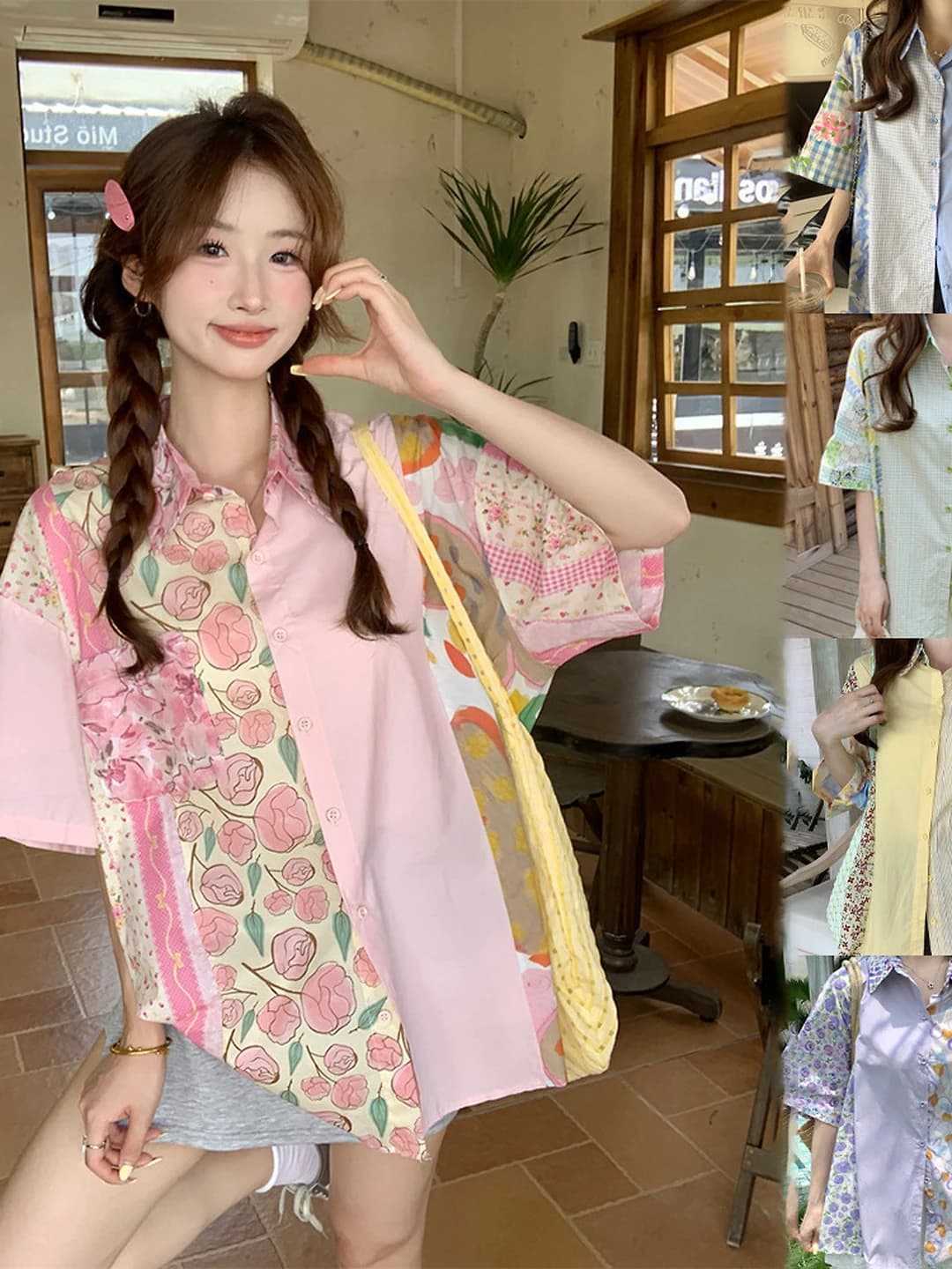 Women's summer retro printed blouse, lapel collar, short sleeve, loose fit