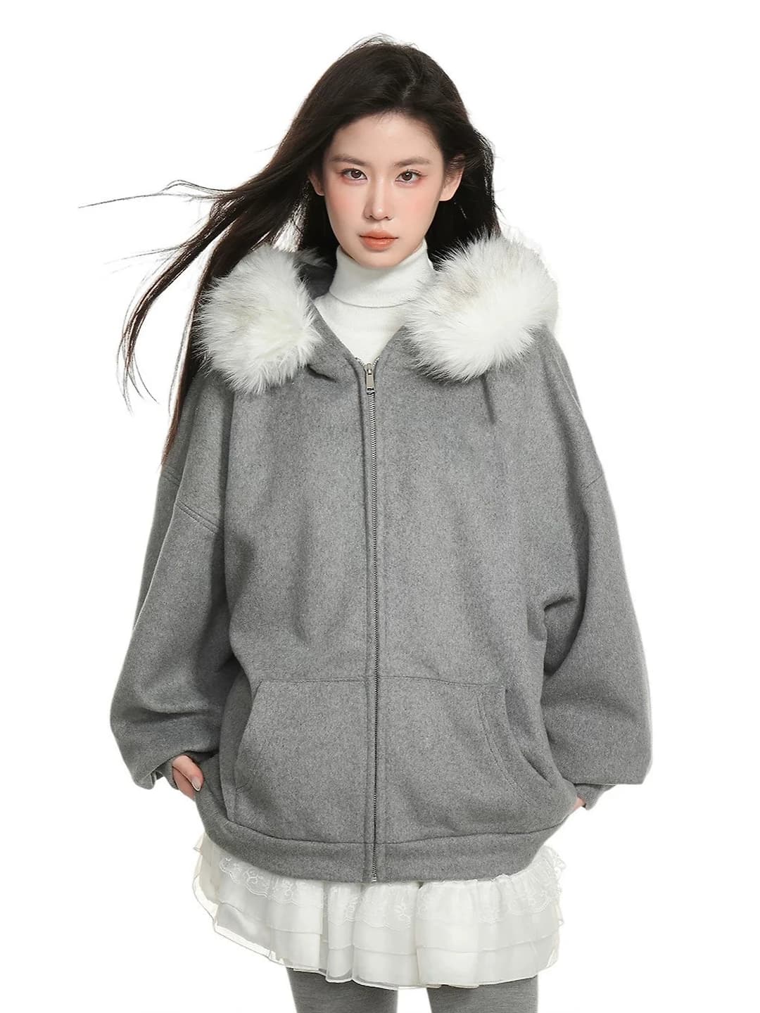 Women's retro thickened zip hoodie cardigan, autumn-winter, loose fit, long sleeve, mid-length, solid colour, casual style
