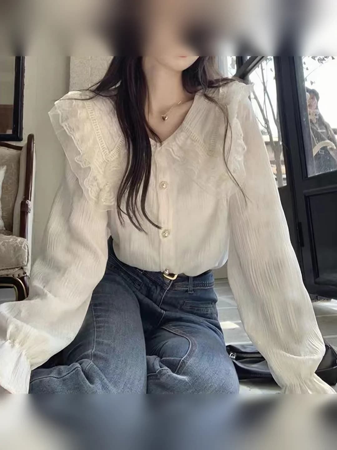 Women's lace blouse 2026 autumn, long sleeve, solid colour, loose fit, peter pan collar