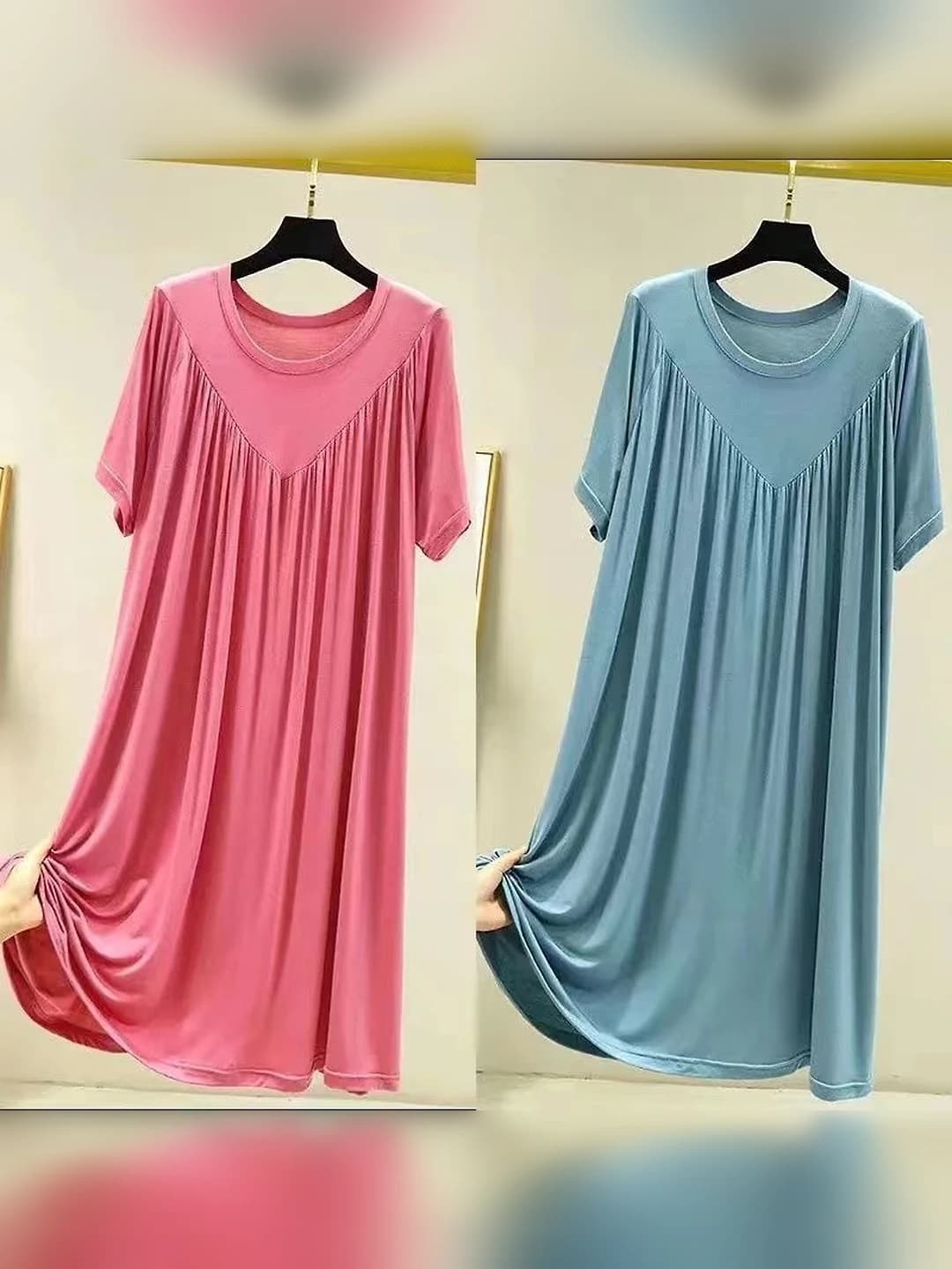 Ayollar uchun yozgi yupqa modal tunik ko'ylak, dumaloq yoqa, bo'sh (oversize) fit, o'rta uzunlikdagi yubka, A-shakl, pleatli, uyda va tashqarida kiyiladigan