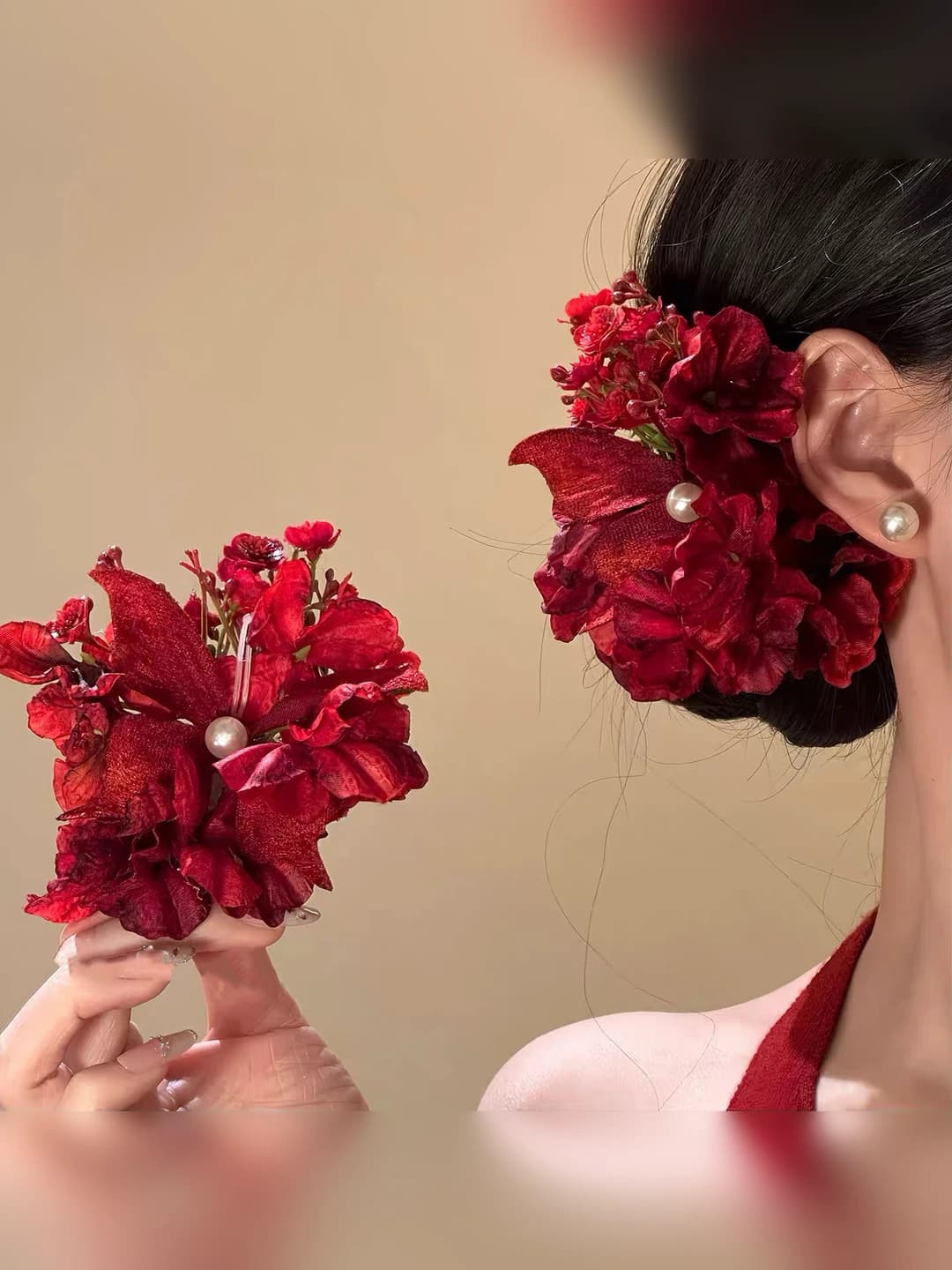 Women's floral hair clips and combs, red, handmade, fabric, Chinese style