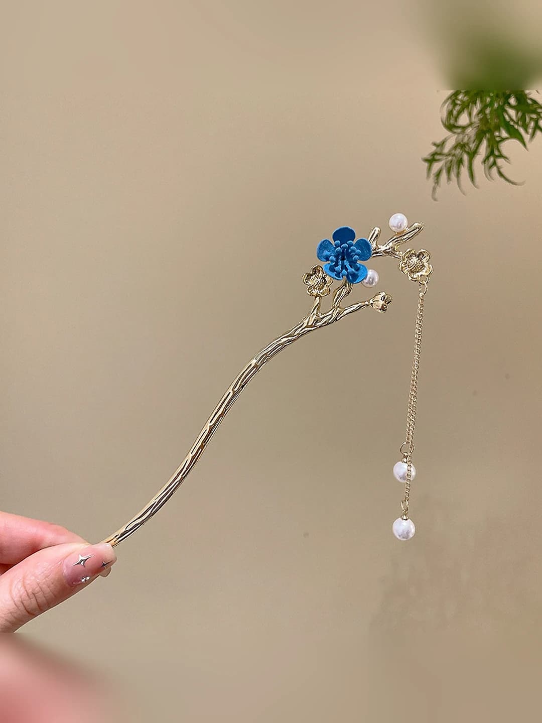 2# Blue floral pearl pendant hairpin - Gold