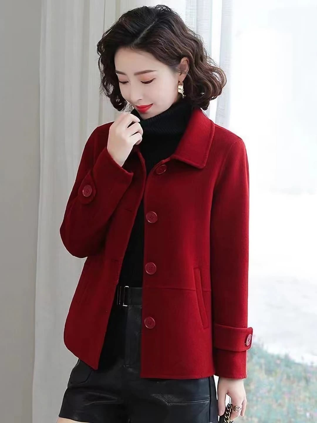Women's short coat, autumn-winter, Korean style, loose fit, petite, casual, blazer collar, 3D pattern, long sleeve
