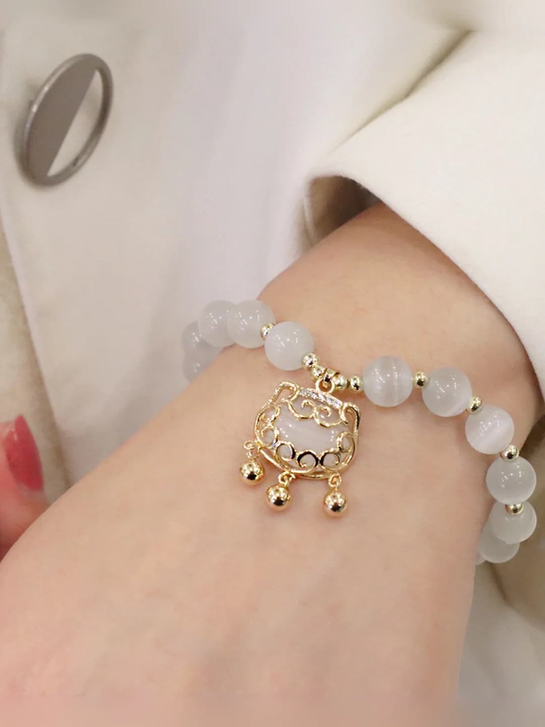 Женский браслет из натурального кошачьего глаза с 18K золотом, замком безопасности и элементом дизайна «руйи»