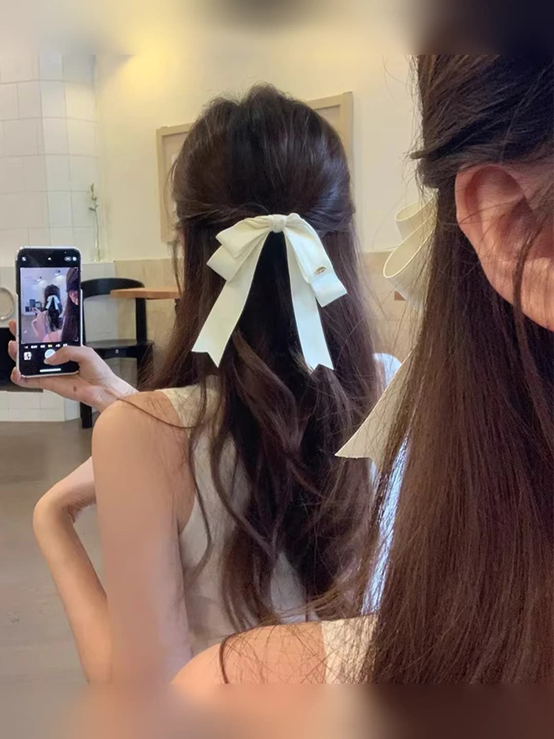 Women's white two-layer ribbon bow hair clip
