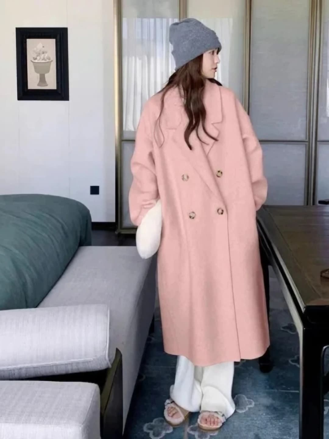 Women's 2026 autumn-winter mid-length slimming coat, straight cut, long sleeve, solid colour, casual style