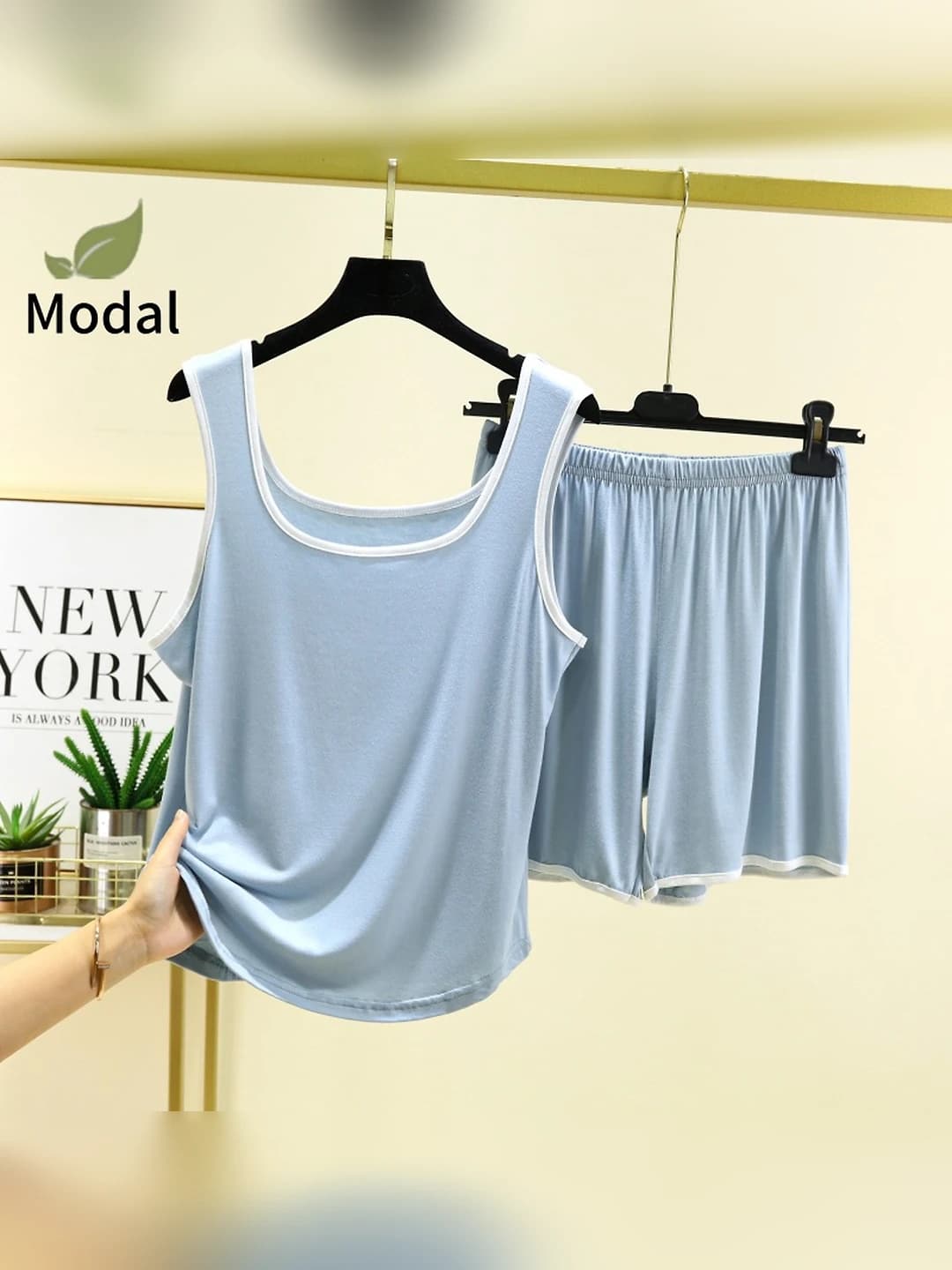 Women's summer thin modal loungewear set: tank top and shorts, crew neck, sleeveless, loose fit, plus size