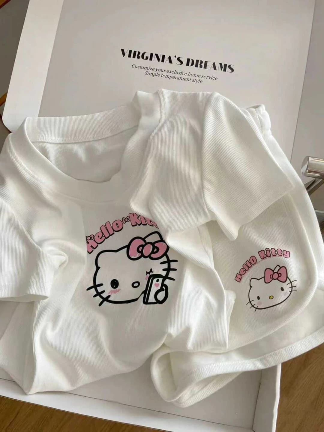 Women's summer t-shirt and shorts set with short sleeve, thin, crew neck, Korean style, KT cat pattern