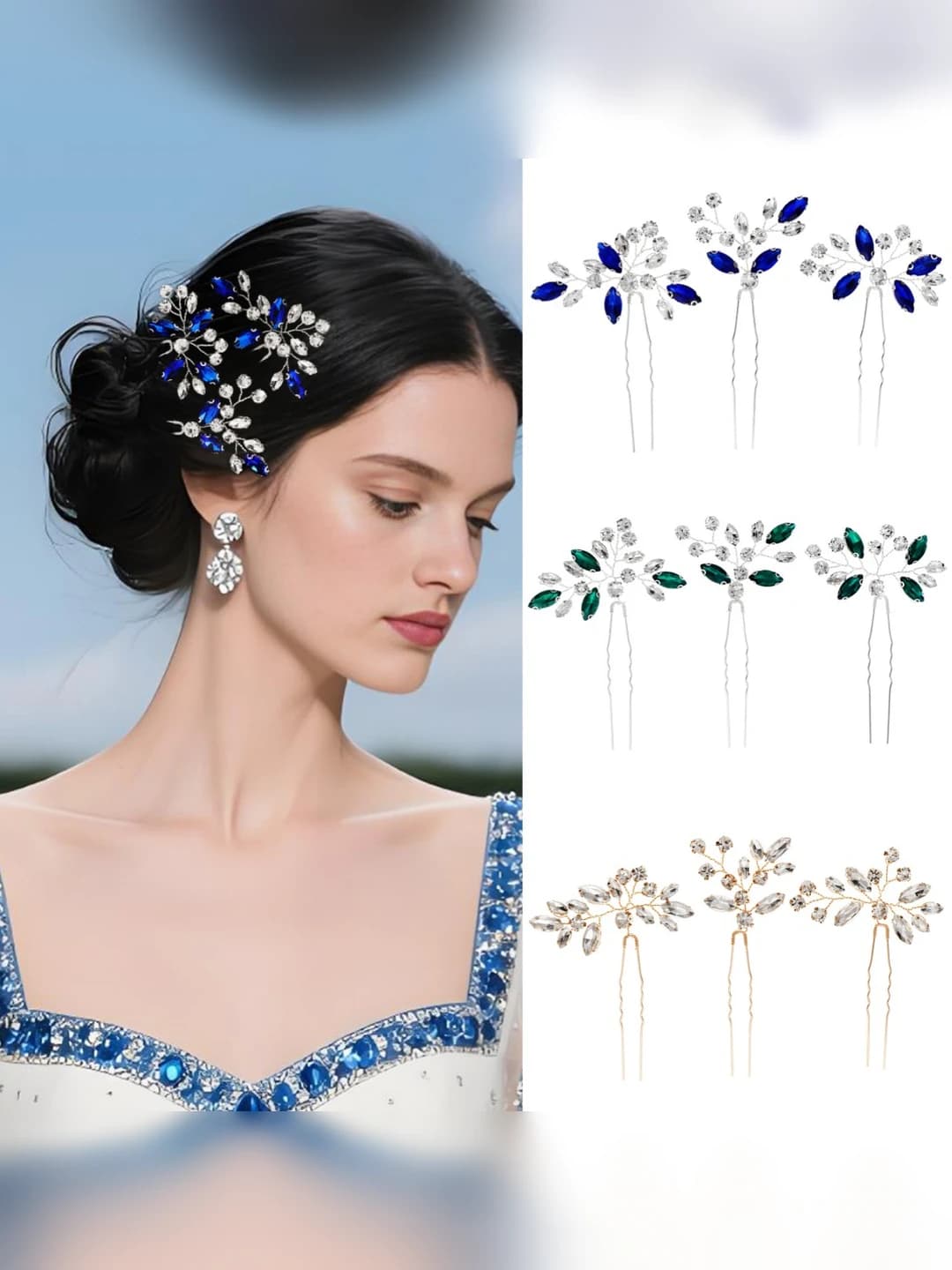 Women's hairpins and bobby pins: handcrafted set with rhinestones, leaf shape, for updos and braids