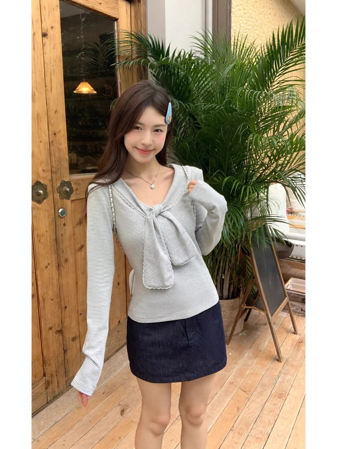 Women's 2026 spring striped long-sleeve V-neck slim fit long-sleeve base top