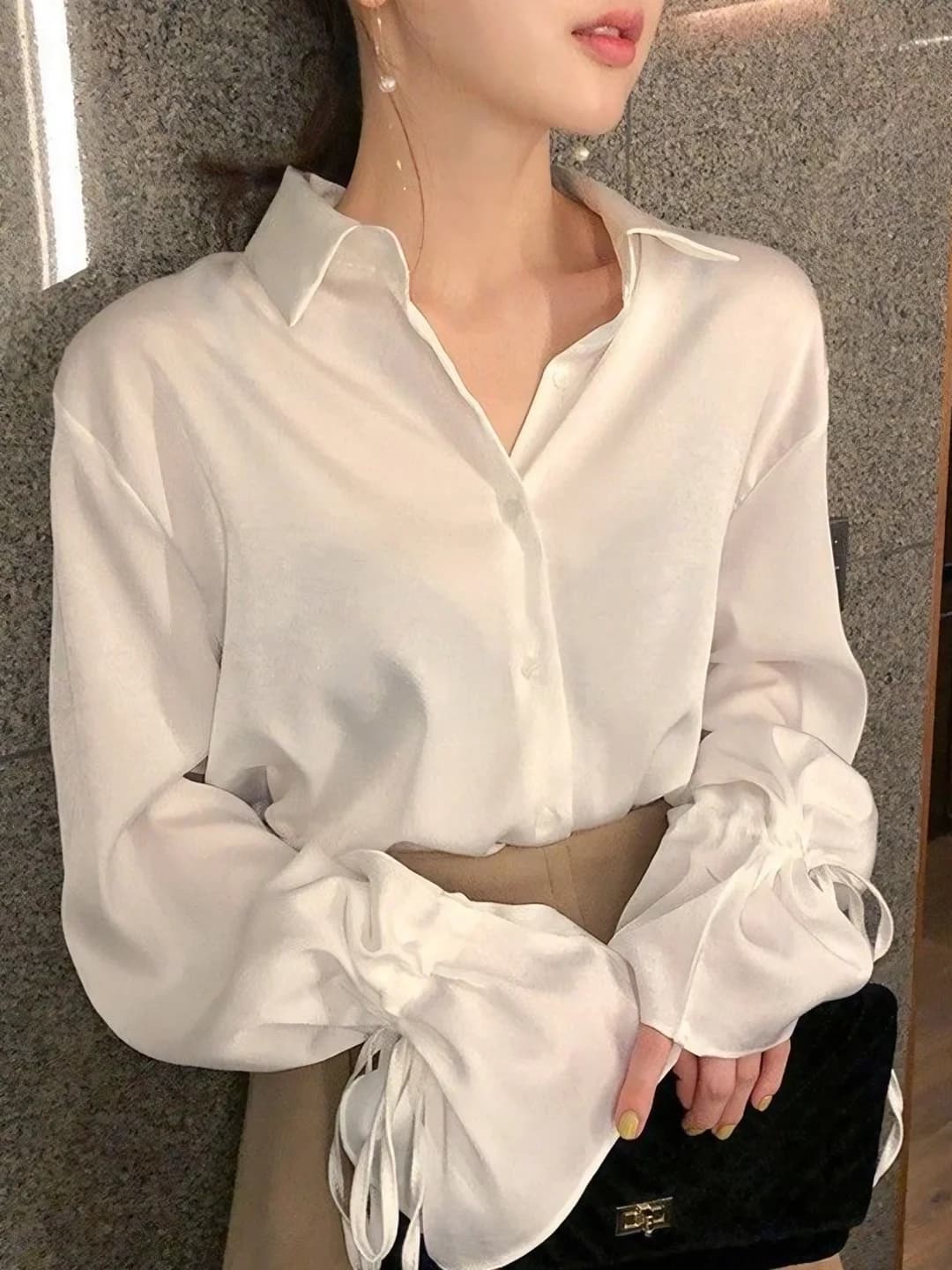 Women's white chiffon blouse, solid colour, retro, POLO collar, long sleeve, loose fit, early autumn 2026