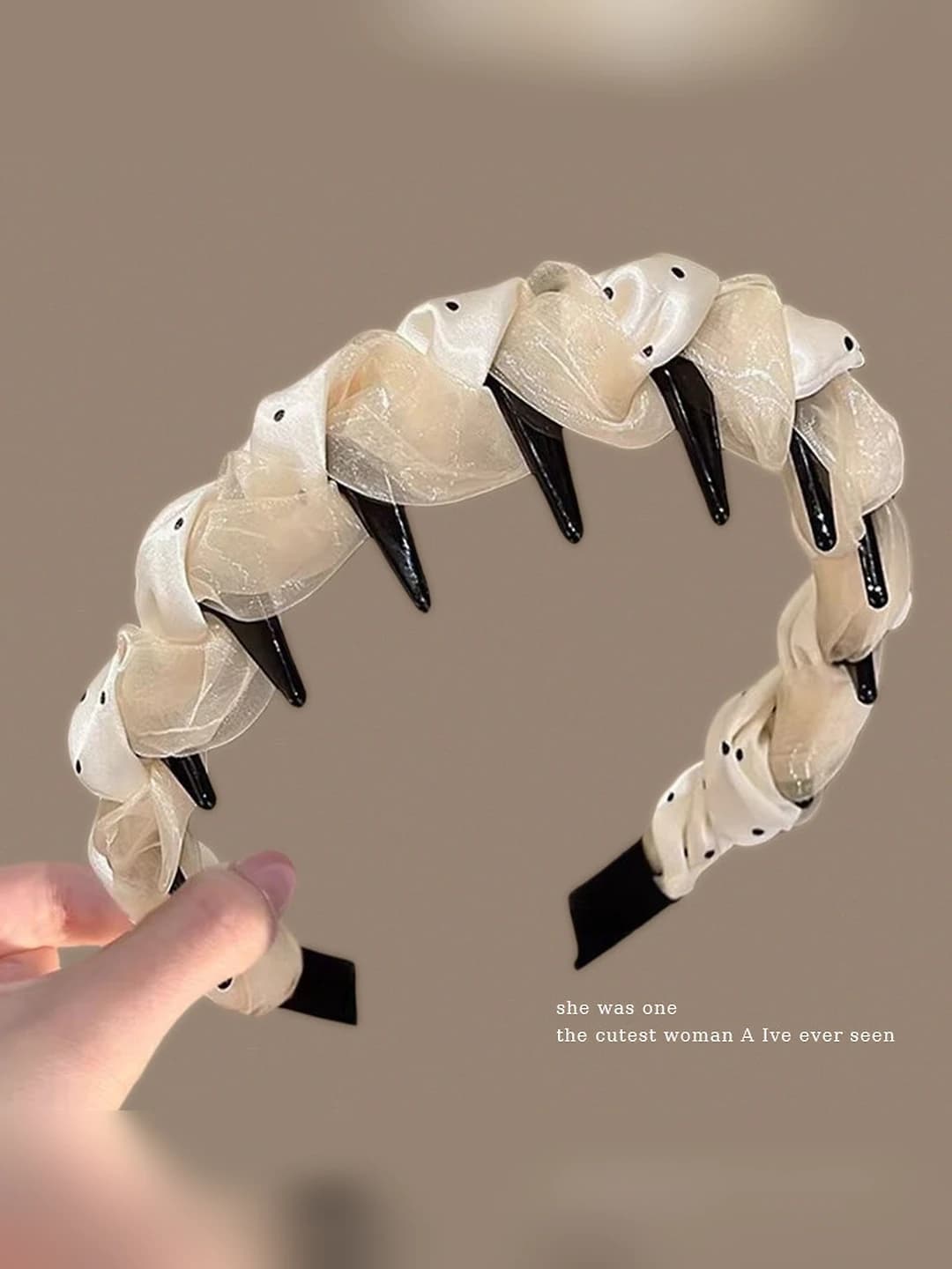 Beige polka dot satin headband